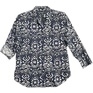 Lauren Ralph Lauren Womens Top Large Blue White Motif Tribal Geometric Button